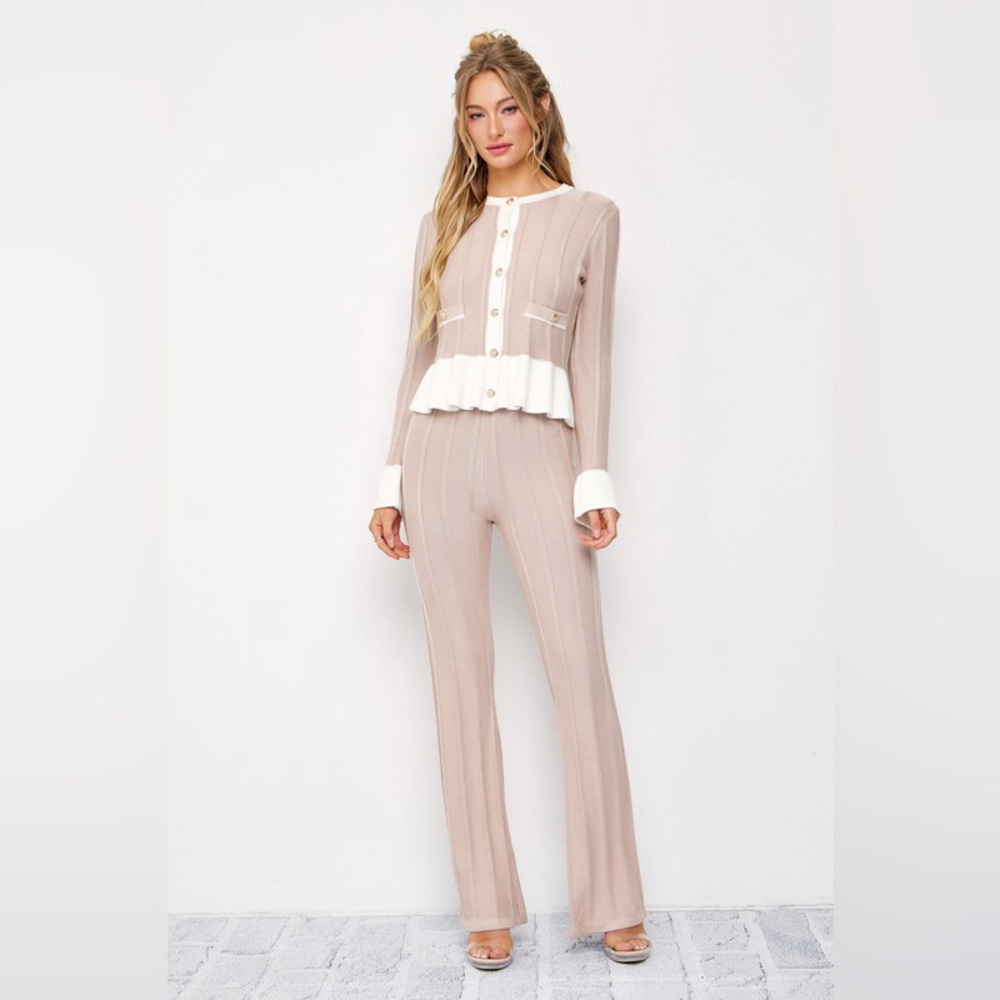 NWOT Rivir Rib Knit Ruffle Trim Cardigan and Pants Set - Picture 2 of 6